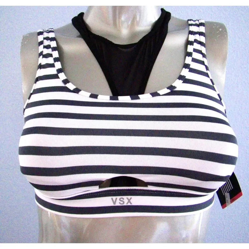 VSX Victoria's Secret Gray Stripe High Neck Mesh Layered Sport Sports Bra